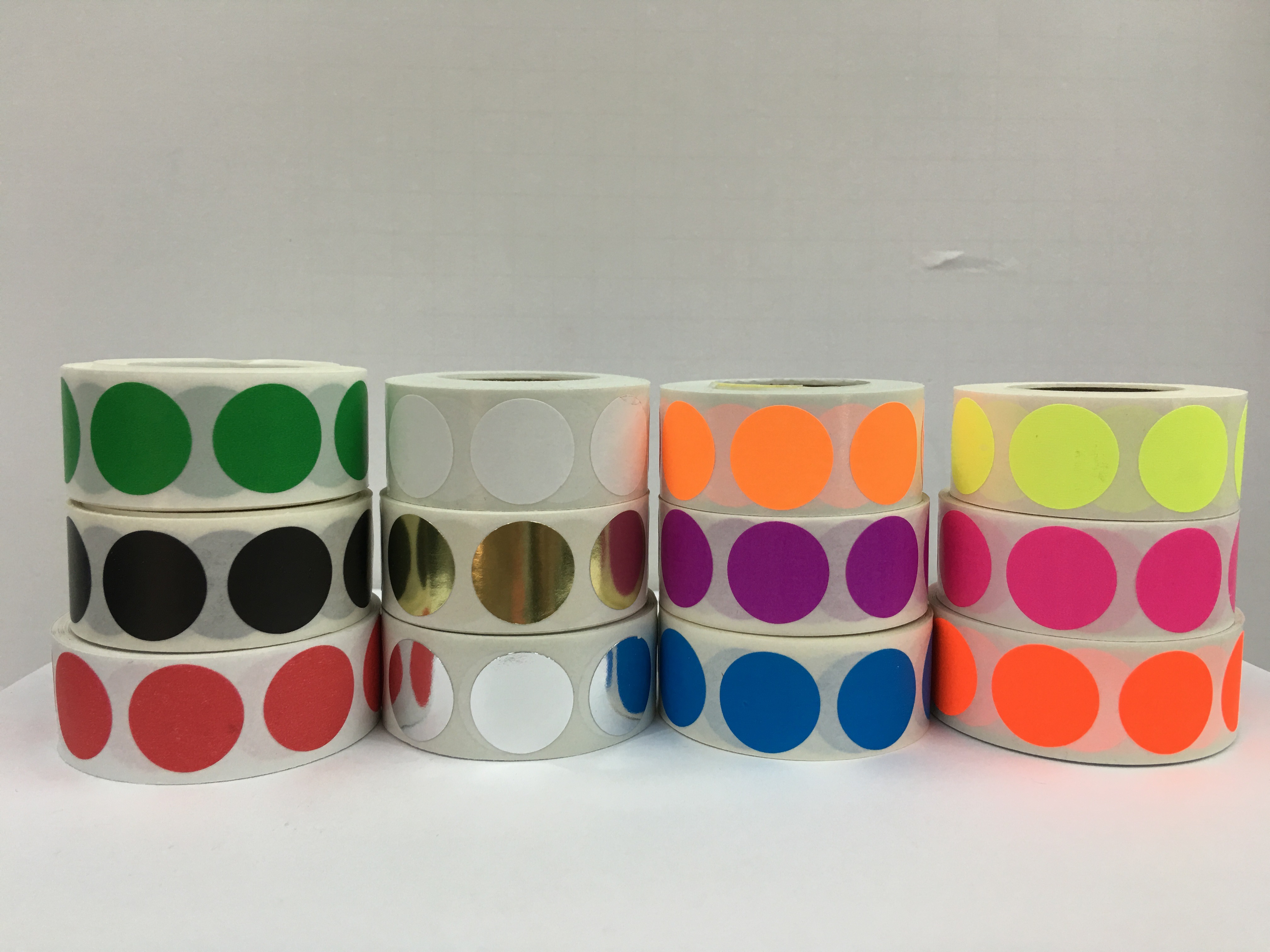 12 Rolls Color Coded Inventory Labels  (Green, Black, Red, White, Gold, Silver, Br/Orange, Purple, Cyan Blue, Chartreuse, Br/Pink, Br/Red Dot Package) 