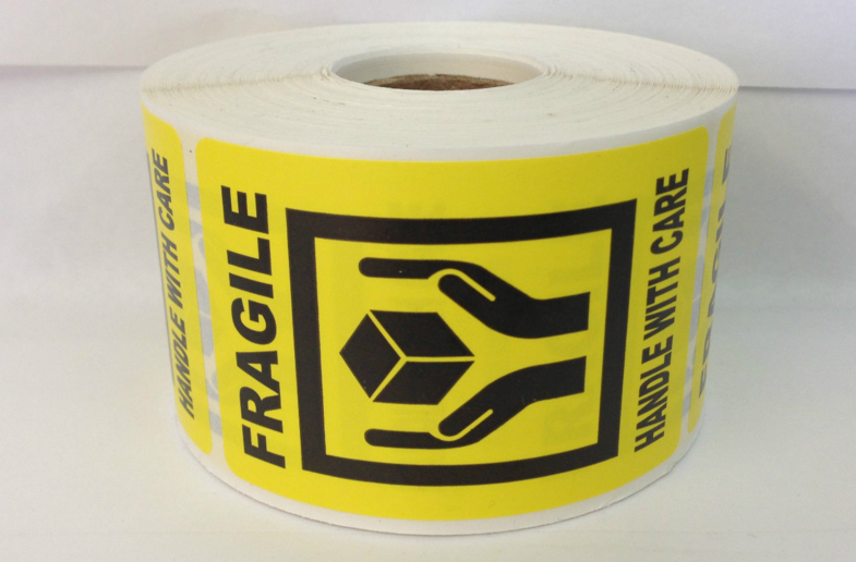 2" x 3" Yellow FRAGILE 'Hands Holding Box' Handle With Care Labels, 500 P/R