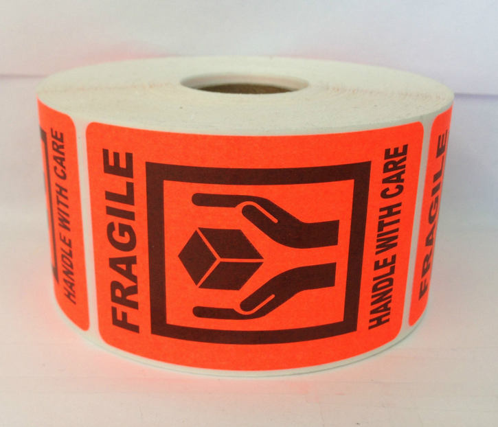 2" x 3" Bright Red FRAGILE 'Hands Holding Box' Handle With Care Labels, 500 P/R