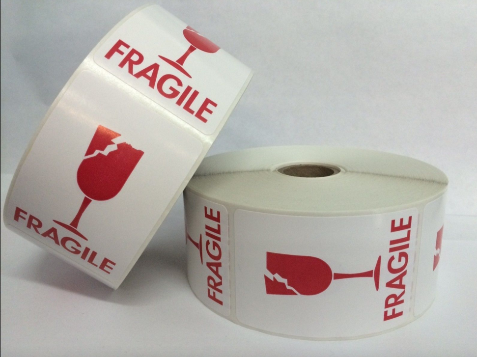 2" x 3" Red and White FRAGILE 'Broken Glass' Labels, 500 P/R
