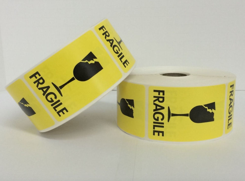 2" x 3" Yellow FRAGILE 'Broken Glass' Labels, 500 P/R