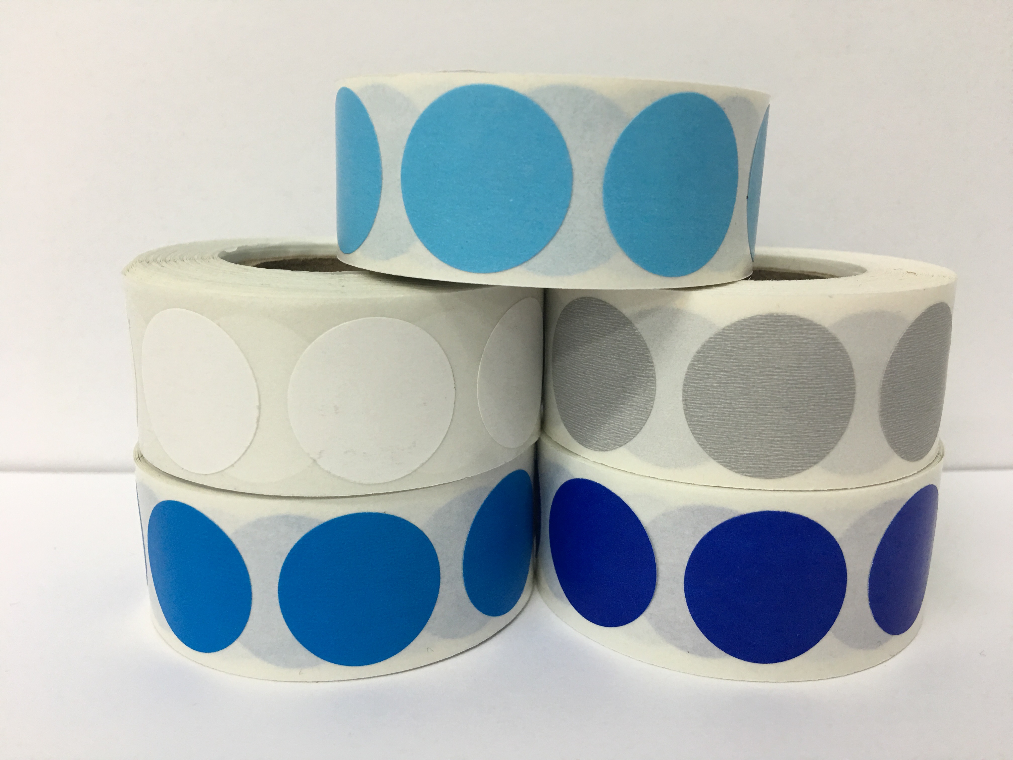 5 Rolls Color Coded Labels (Lite Blue, Cyan Blue, Reflex Blue, Grey, White Dot Package)  